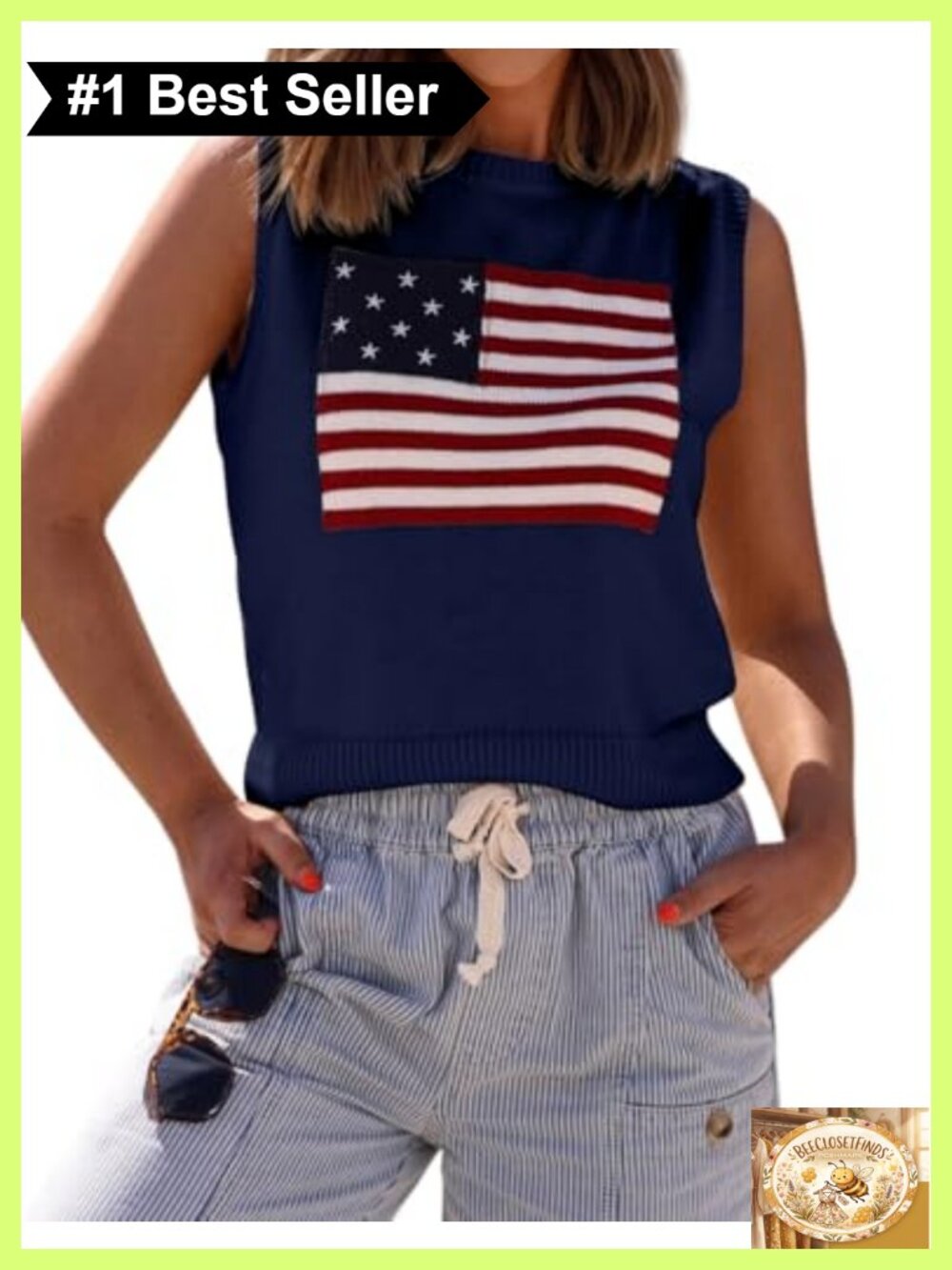 Cable Knit Crop Tank Top Sleeveless Sweater Vest Slim Fit American Flag
